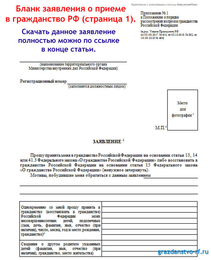 Заявление о приеме в гражданство РФ в общем порядке